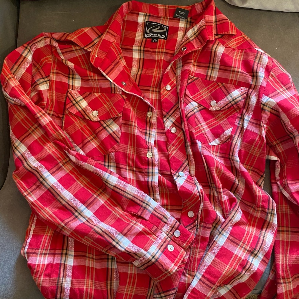 Roper brand red plaid button down, XL